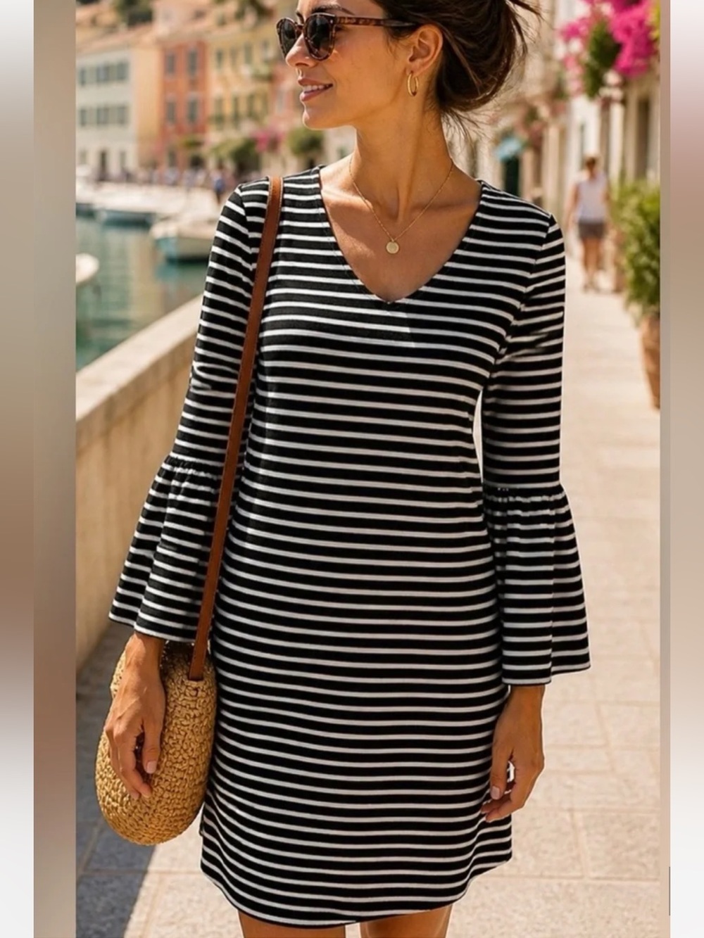 Banana Republic Black & White Striped V-Neck Bell Sleeve Mini Dress